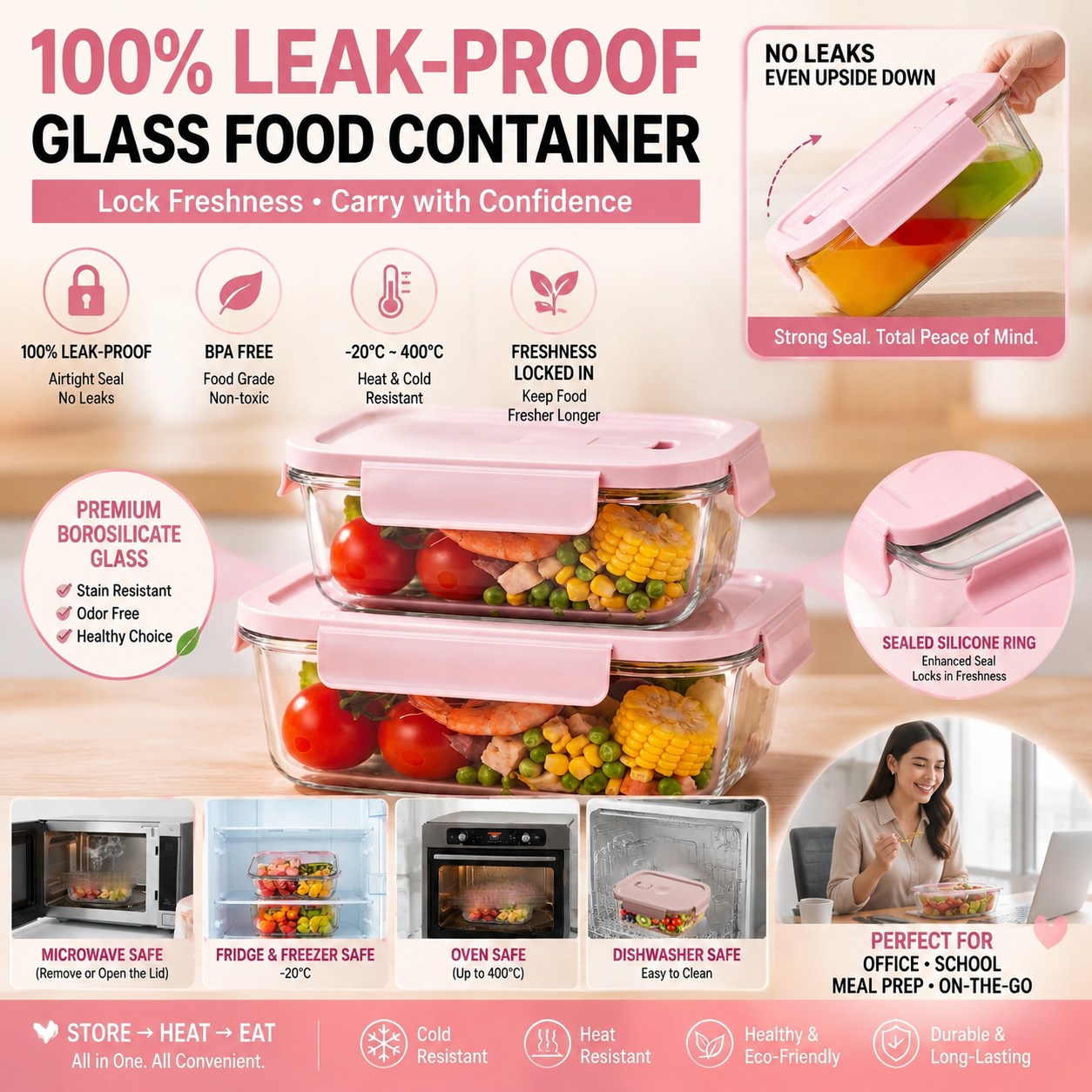 Pink Glass Lunch Box–3 Compart - đánh giá và giá Meal Prep Kits