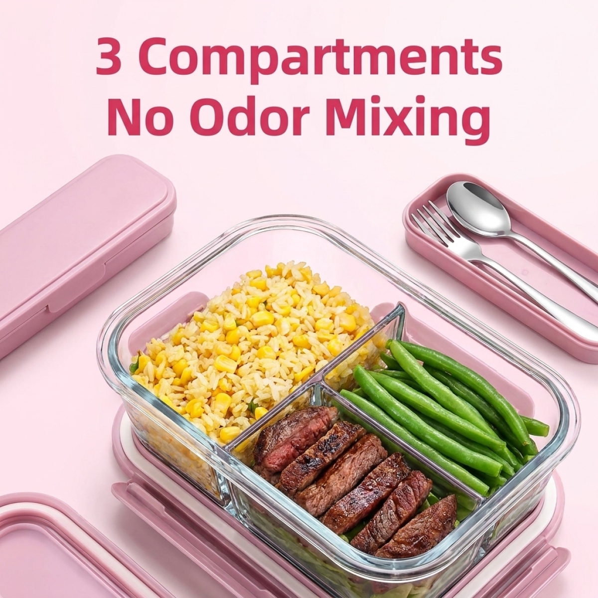 Pink Glass Lunch Box–3 Compart - đánh giá và giá Meal Prep Kits